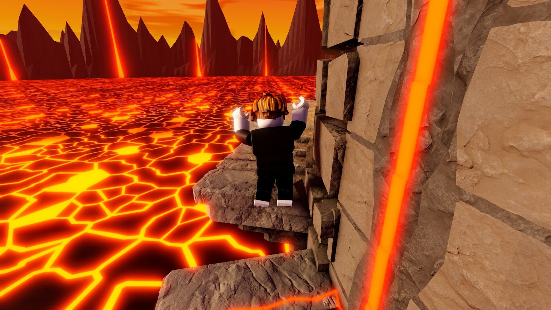 A player on a ledge beside a glowing lava fall on the tower wall